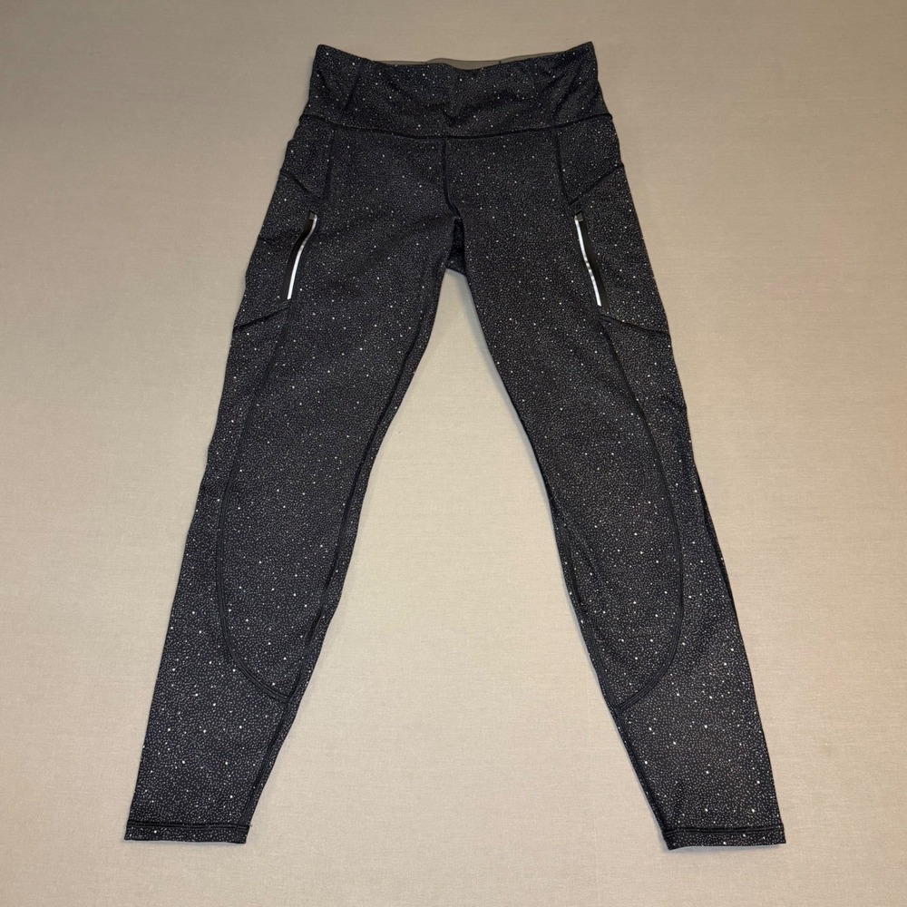 Athleta Rainier Reflective Tight Leggings Black Silver Dot Print Womens Medium
